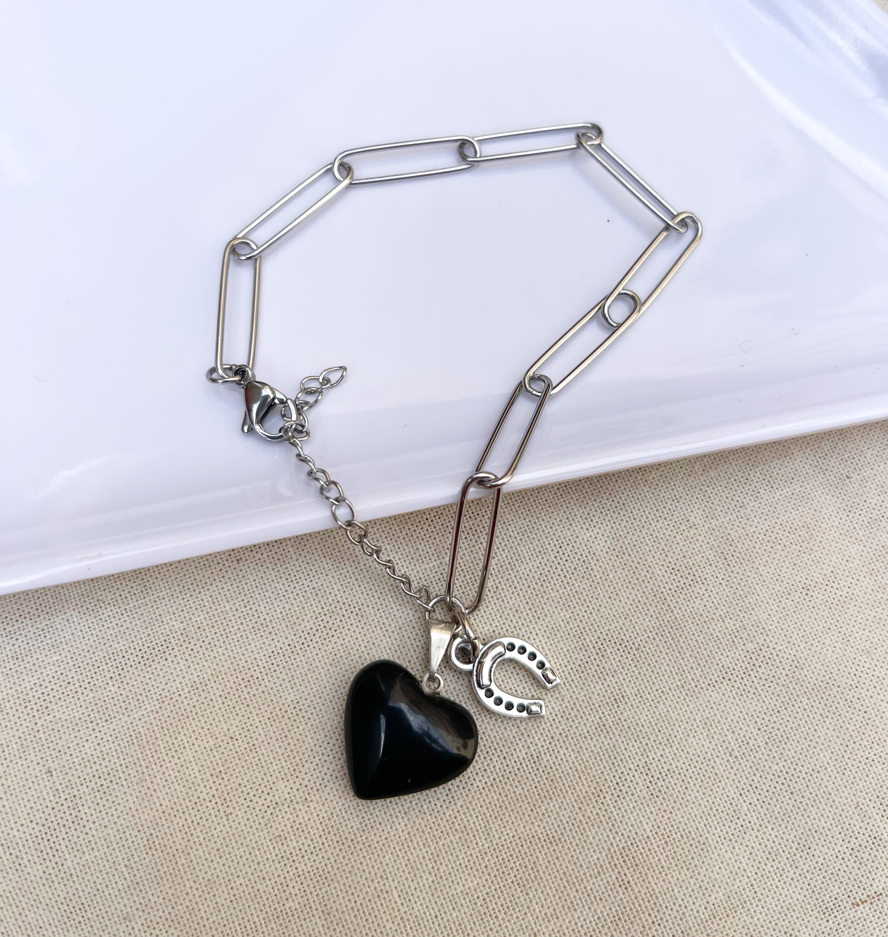 Pulsera clip con Obsidiana negra corazón 